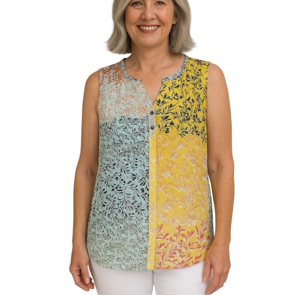 CAbi Medium Golden Glow Split Floral Sleeveless Shirt Tank Vibrant Long Length - Picture 1 of 11